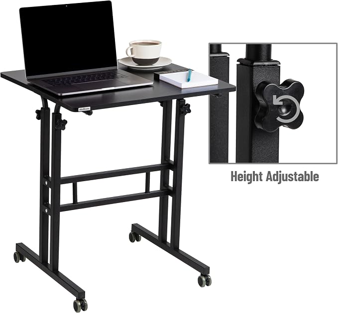 Mind Reader Standing Desk, Adjustable Height Laptop Workstation, Portable Rolling Desk on Wheels, Two-Tier Metal Frame, Black