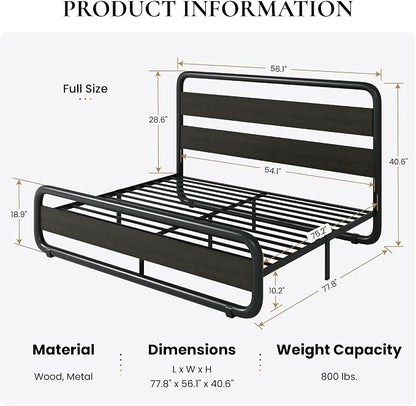SHA CERLIN Full Size Metal Bed Frame with Wooden Headboard and Footboard, Heavy Duty Oval-Shaped Platform Bed Frame with 10" Under-Bed Storage, Noise Free, No Box Spring Needed, Black