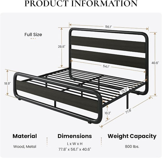 SHA CERLIN Full Size Metal Bed Frame with Wooden Headboard and Footboard, Heavy Duty Oval-Shaped Platform Bed Frame with 10" Under-Bed Storage, Noise Free, No Box Spring Needed, Black