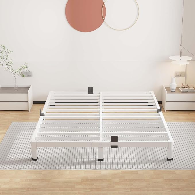 ROIL 4 Inch White King Bed Frame with Rounded Corner and Mattress Retainers, 3500LBS Heavy Duty Steel Slats No Box Spring Needed Platform Noise-Free Easy Assembly