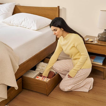 mopio Retrovie Mid-Century Modern King Bed Frame – Solid Wood Legs, LVL Slat System, No Box Spring Needed, Supports 661 lbs, Easy Assembly (Walnut, 2 Drawers)