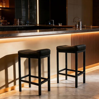 Bar Stools Set of 2, 30 Inch Backless Counter Height Bar Stools with Soft Faux Leather Seat, 300 LB Heavy Duty Padded Saddle Barstool Chair for Modern Kitchen Island Counter (Black)