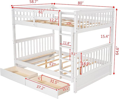 Merax Full-Over-Full Bunk Bed with Two Storage Drawers, Solid Wood Full Size Bunk Bed with Guardrail and Removable Ladder, Can be Converted Into 2 Separate Beds, White