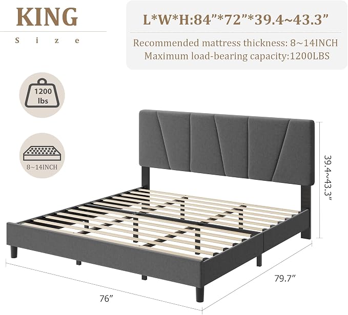 GarveeHome King Size Bed Frame with Upholstered Headboard, Modern Fabric Platform Bed Frame with Wooden Slat Support, Adjustable Headboard, No Box Spring Needed, Noise-Free, for Bedroom