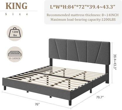 GarveeHome King Size Bed Frame with Upholstered Headboard, Modern Fabric Platform Bed Frame with Wooden Slat Support, Adjustable Headboard, No Box Spring Needed, Noise-Free, for Bedroom