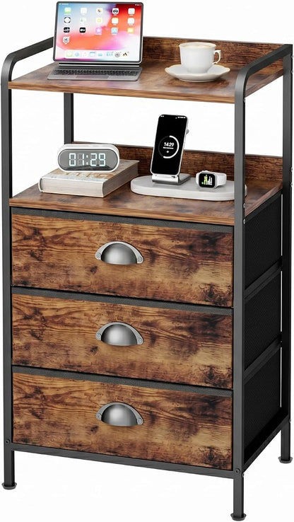 Night Stand with 3 Fabric Drawers, Bedside Table with Wood Top and 2 Tier Shelf, End Table with Storage Drawer Dresser, Small Side Table for Bedroom, Metal Frame, Rustic Brown