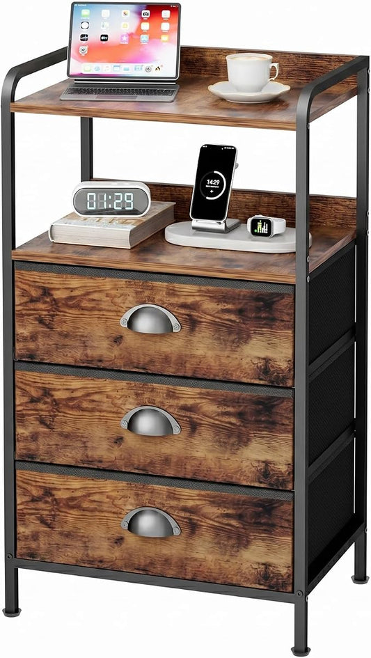 Night Stand with 3 Fabric Drawers, Bedside Table with Wood Top and 2 Tier Shelf, End Table with Storage Drawer Dresser, Small Side Table for Bedroom, Metal Frame, Rustic Brown