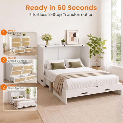 CECER Queen Size Murphy Bed with Mattress for Guest/Small Space-White | Built-in Multi-Port Charging Station ＆ Large Storage Drawer，Space Saving ＆ Easy Assemble and Conversion