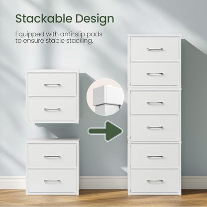 CHOEZON Stackable Storage Drawers for Closet, 2 Drawer Dresser with Wooden Top, Fabric Clothes Organizers with Metal Handles, Closet Organizer with 2 Drawers for Bedroom, Living Room, White TCW30WB