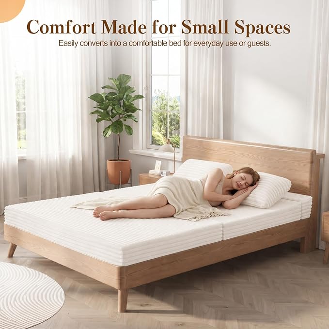 MeMoreCool Convertible Sofa Bed, Folding Floor Couch Bed Queen, Pull Out Sleeper Couch with Pillows, Fold Out Futon Sofa for Bedroom Living Room Small Space, Corduroy Beige