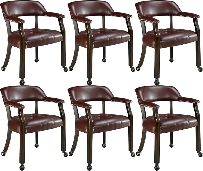 LEEMTORIG Set of 6 Large Dining Chairs with Casters and Arm, Rolling Dining Chair with Wheel, Poker Table Chairs, Boss Caption's Chair, 26"D x 25.2"W x 31.5"H, Espresso Legs & Wine Red PU, XXY-1910-WR