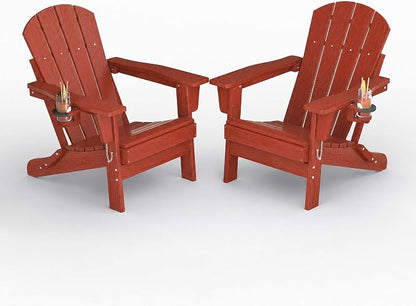 Garvee Folding Adirondack Chair Set of 2, HDPE Outdoor Patio Chair with Cup Holder, All Weather Resistent Wooden Textured for patios, Decks, Gardens, fire Pit, Red
