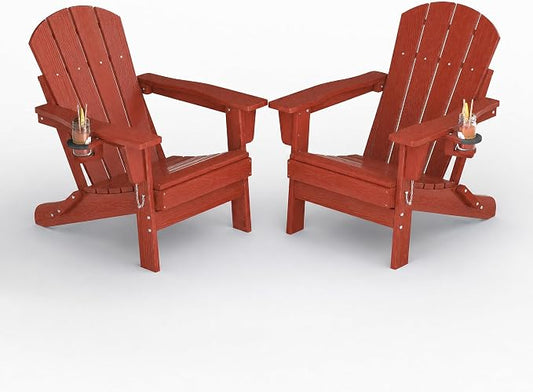 Garvee Folding Adirondack Chair Set of 2, HDPE Outdoor Patio Chair with Cup Holder, All Weather Resistent Wooden Textured for patios, Decks, Gardens, fire Pit, Red