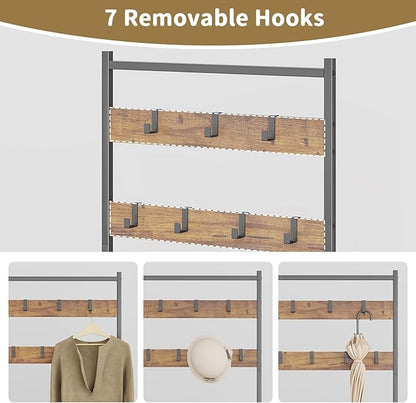 Coat Rack Hall Tree with Shoe Storage, Entryway Hall Tree Storage Bench, Wood Look Accent Furniture with Metal Frame, 3-in-1 Design, Rustic Brown