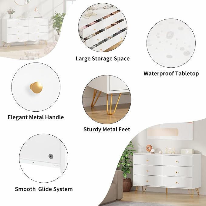 CARPETNAL White Dresser for Bedroom, 6 Drawer Dresser with Wide Drawers and Gold Metal Handles, Wood Dressers & Chest of Hallway, Entryway.