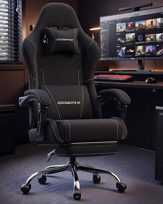 Dowinx Ergonomic Gaming Chair with Footrest & Massage Lumbar, 2D-Linkage Armrests for Computer Chair 330lbs with Headrest Pillow for Office, Home, Streaming and Long Gaming Sessions, Fabric Black