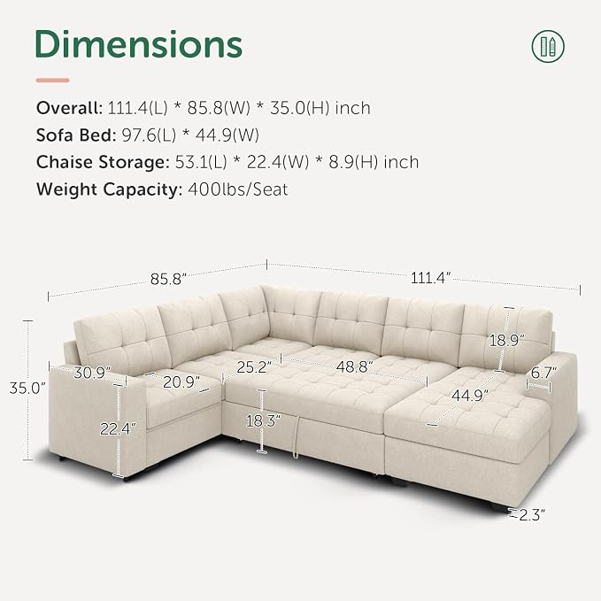 HONBAY Modular Sectional Sleeper Sofa with Pull Out Bed, U Shaped Sleeper Couches with Storage Chaise, 114'' Sleeper Sectional Sofas for Living Room, Apartment (Beige)
