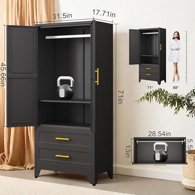 GAIOUS 71" Metal Wardrobe Cabinet with 2 Drawers and Hanging Rod Black | Clothing Storage Cabinets with 2 Doors and Adjustable Shelves, Armoire Wardrobe Closet for Bedroom, Laundry Cloak Room