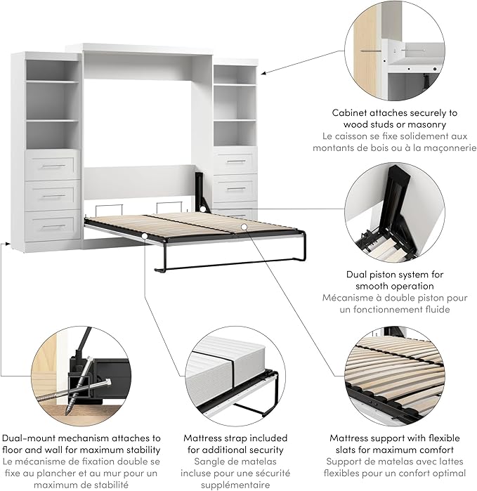 Bestar Pur Queen Murphy Bed and 2 Shelving Units with Drawers, 115-inch Space-Saving Sleeping Arrangement for Multipurpose Area, Bedroom, Guest Room, or Living Room