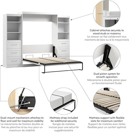 Bestar Pur Queen Murphy Bed and 2 Shelving Units with Drawers, 115-inch Space-Saving Sleeping Arrangement for Multipurpose Area, Bedroom, Guest Room, or Living Room