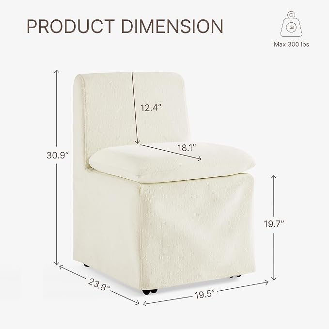 KISLOT Upholstered Dining Chairs Set of 2 with Casters, Modern Armless Kitchen Chairs with Removable Washable Cover, Chenille Velvet Fabric, Sturdy Metal & Wood Frame, 19.5" Seat Height, Linen