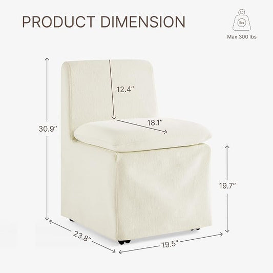 KISLOT Upholstered Dining Chairs Set of 2 with Casters, Modern Armless Kitchen Chairs with Removable Washable Cover, Chenille Velvet Fabric, Sturdy Metal & Wood Frame, 19.5" Seat Height, Linen
