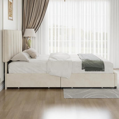 VECELO Full Size Bed Frame with 4 Storage Drawers, Adjustable Height Headboard, Heavy-Duty Platform Bedframe with Strong Wooden Slats, No Box Spring Needed, Pale Beige