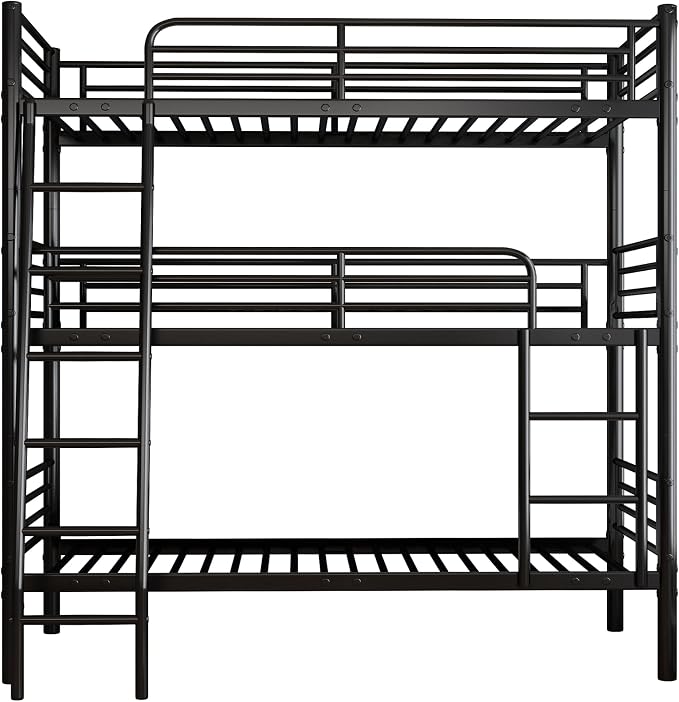 Metal Triple Bunk Bed,Twin Over Twin Bunk Bed for 3, 3 Beds with Guardrail and Ladder, Heavy Duty Triple Bed Frame Suitable for Teenagers/Adults, No Box Spring Needed (Black D)