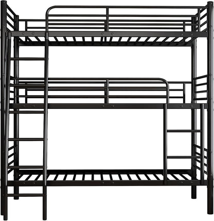 Metal Triple Bunk Bed,Twin Over Twin Bunk Bed for 3, 3 Beds with Guardrail and Ladder, Heavy Duty Triple Bed Frame Suitable for Teenagers/Adults, No Box Spring Needed (Black D)