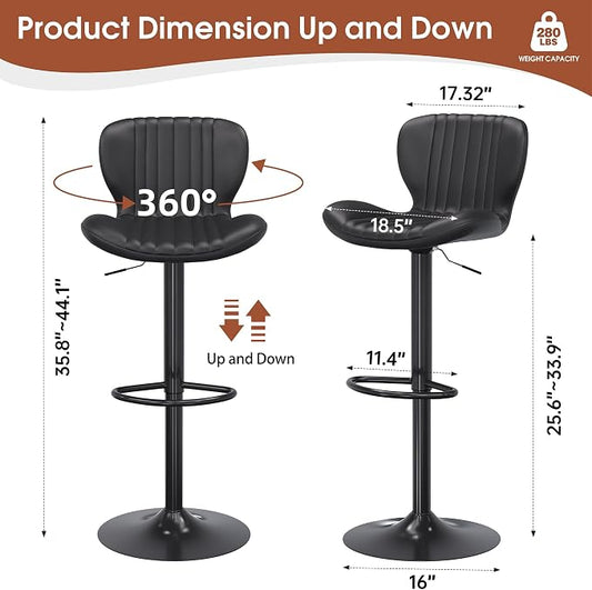 JAMFLY Bar Stools Set of 2, Leather Adjustable Barstools Counter Height Modern Bar Stools, Island Chairs Set of 2 for Kitchen, Black