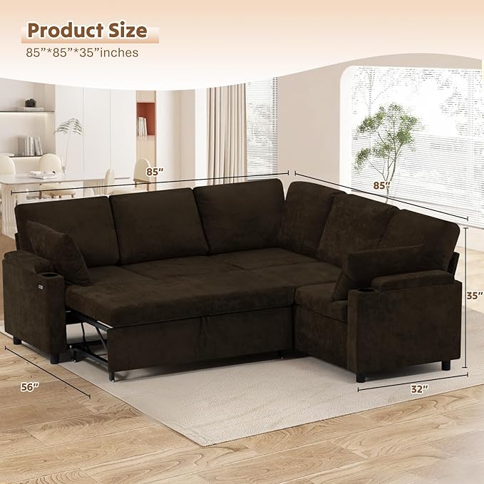 85" Chenille Sectional Sofa w/Pull Out Bed & Storage Space, Brown | Upholstery L Shaped Couch w/Cup Holders, Modern Corner Sofa w/USB Charging Port & Throw Pillow for Living Room