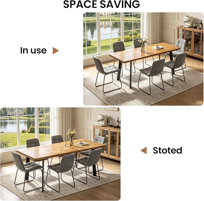 Extendable Dining Table Set for 6 to 8 People, 63" to 78.7" Modern Kitchen Table Set with 6 Chairs, MDF Dining Room Table and Chairs with Removable Extension Leaf (Walnut Table+U-Shaped Grey Chairs)