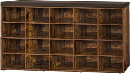 DINZI LVJ Shoe Storage Bench, 20-Cubby Shoe Rack Bench with Cushion, Fully Adjustable Shelves, Shoe Organizer for Closet, Entryway, Mudroom, Hallway and Garage, Rustic Brown