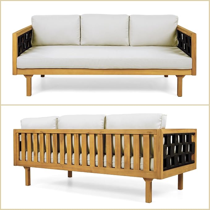 Merax 2 Piece Acacia Wood Outdoor Conversation Set, 3-Seater Outdoor Daybed Sofa with Cushions & Round Coffer Table, Weather-Resistant Patio Furniture Set for Garden Backyard Balcony, Light-Grey