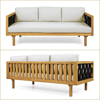 Merax 2 Piece Acacia Wood Outdoor Conversation Set, 3-Seater Outdoor Daybed Sofa with Cushions & Round Coffer Table, Weather-Resistant Patio Furniture Set for Garden Backyard Balcony, Light-Grey