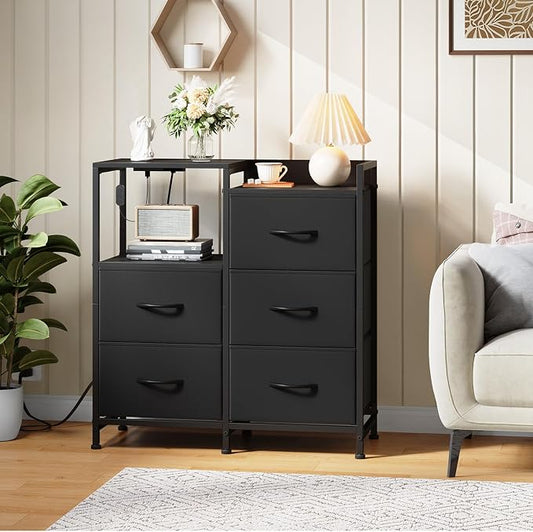 Somdot Black Nightstand with Charging Station and LED Light, Wide 5 Drawers Dresser for Bedroom with Fabric Bins and Open Shelf for Bedroom Kids Closet Dorm Guest Room, Black