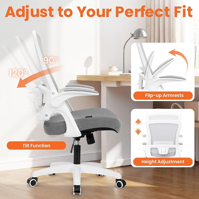 NEO CHAIR Office Desk Gaming Chair Computer High Back Mesh Seat with Rolling Wheels Ergonomic Adjustable Comfy Flip-up Armrests Lumbar Support Height for Home (Grey White Frame)