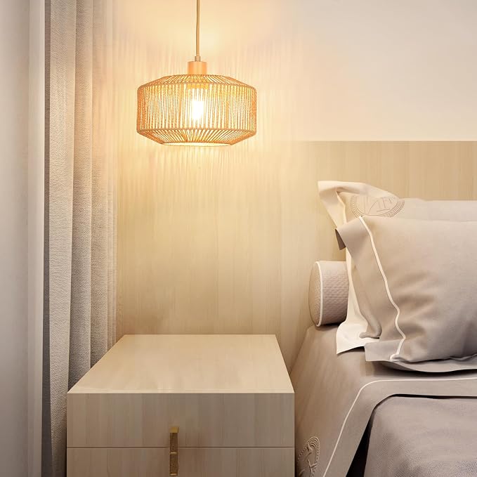 Qingmiao Boho Plug in Pendant Light, Rattan Hanging Lamp Plug in with Woven Shade, 3-Way Dimmable Hanging Light Fixture for Living Room Bedroom Kitchen Ceiling Farmhouse Home Decor