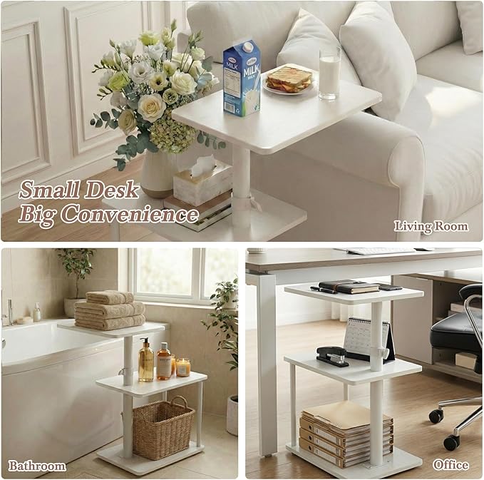 Faesun 360° Swivel Side Table for Height Adjustable, C Shaped End Table for Couch with Storage, 3-Tier Night Stand with Open Shelf, Tv Tray for Small Spaces, Living Room, Bedroom, White