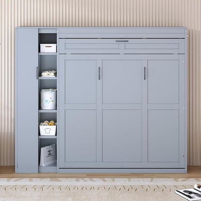 Merax Queen Size Murphy Bed Wall Bed with Shelves, Drawers and LED Lights,Gray