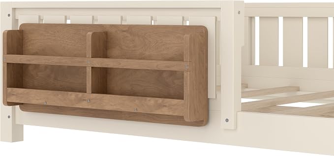Bellemave Full Size Floor Bed with high Rails and with Built-in Bookshelf for Kids, Girls, Boys, Wood Montessori Floor Bed Without Door, Beige