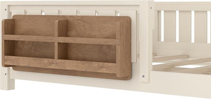 Bellemave Full Size Floor Bed with high Rails and with Built-in Bookshelf for Kids, Girls, Boys, Wood Montessori Floor Bed Without Door, Beige