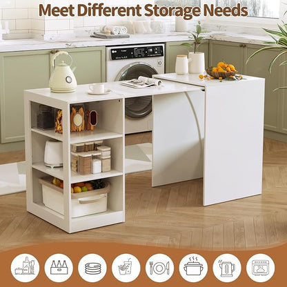 58" Office Desk with Pull Out Table on Hidden Wheels, Computer Desk with 3-Tier Open Shelves, Folding Desks for Small Spaces, as Kitchen Island, Bar(White)