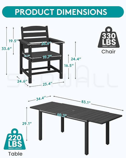 SERWALL 60" - 83" Expandable Outdoor Dining Table and 6 HDPE Chairs, Black | Outdoor Dining Set for 6, All Weather Aluminum and HDPE Outdoor Furniture Set, Extendable Patio Dining Table