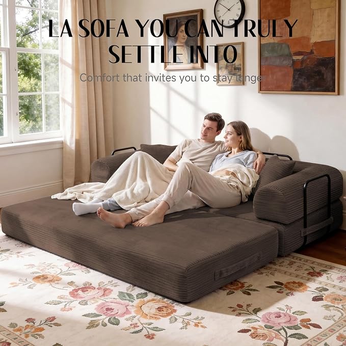 79'' Convertible Sofa Bed, Boneless Couch-in-a-Box, Corduroy Floor Futon Loveseat Sleeper, 26'' Deep Seat, Removable Machine-Wash Covers, No Assembly, 2 Pillows, Brown