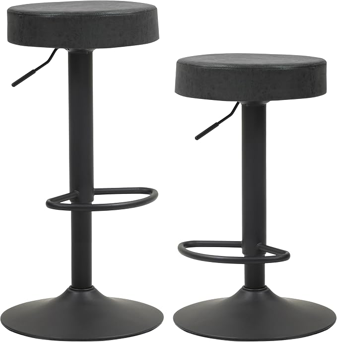 Finnhomy Bar Stools Set of 2 Counter Height, Swivel Barstools with Footrest and Backless Round, Height Adjustable Rustic Bar stools for Kitchen, Vintage Leather, Retro Black