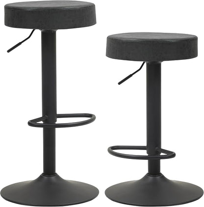Finnhomy Bar Stools Set of 2 Counter Height, Swivel Barstools with Footrest and Backless Round, Height Adjustable Rustic Bar stools for Kitchen, Vintage Leather, Retro Black