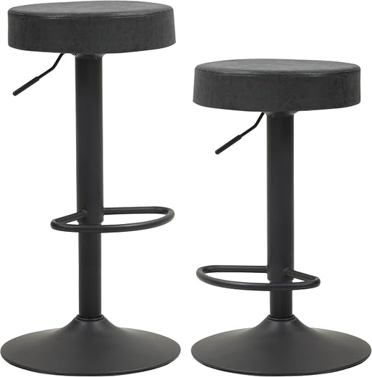 Finnhomy Bar Stools Set of 2 Counter Height, Swivel Barstools with Footrest and Backless Round, Height Adjustable Rustic Bar stools for Kitchen, Vintage Leather, Retro Black