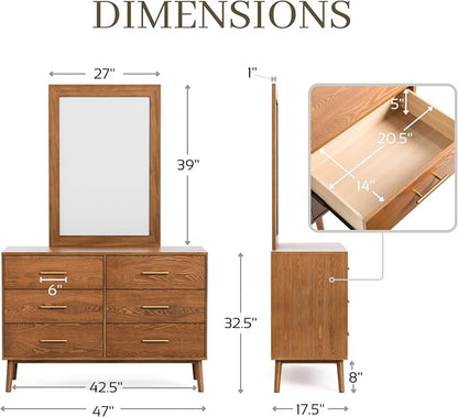 Furniture of America Wyatt Modern Solid Wood Bedroom Collection with Queen Bed Frame, Nightstands, Dresser with Mirror, No Box Spring Needed, Walnut, Boucle Platform, 5-Piece Set