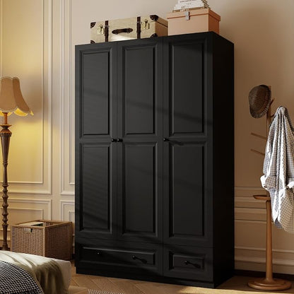 Armoire Wardrobe Closet with Drawers: 74" Black Tall Wardrobe Cabinet with Hanging Rod, Wooden Closet with 3 Doors and 2 Drawers, Modern Bedroom Armoires